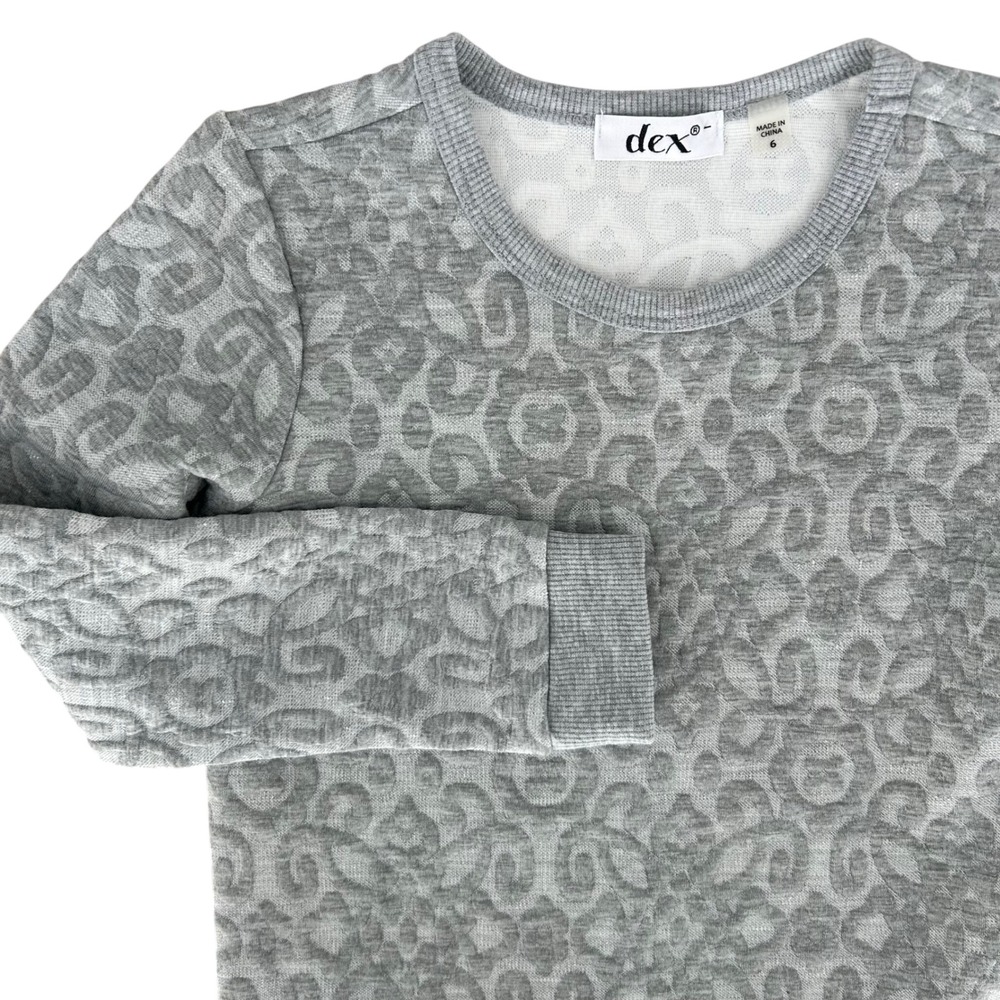 Girls DEX Gray Leopard Print Flocked Pullover Crewneck Sweatshirt Size 6